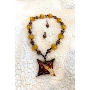 Vintage Murano Blown Glass Pendant & Bead Statement Necklace & Matching Earrings